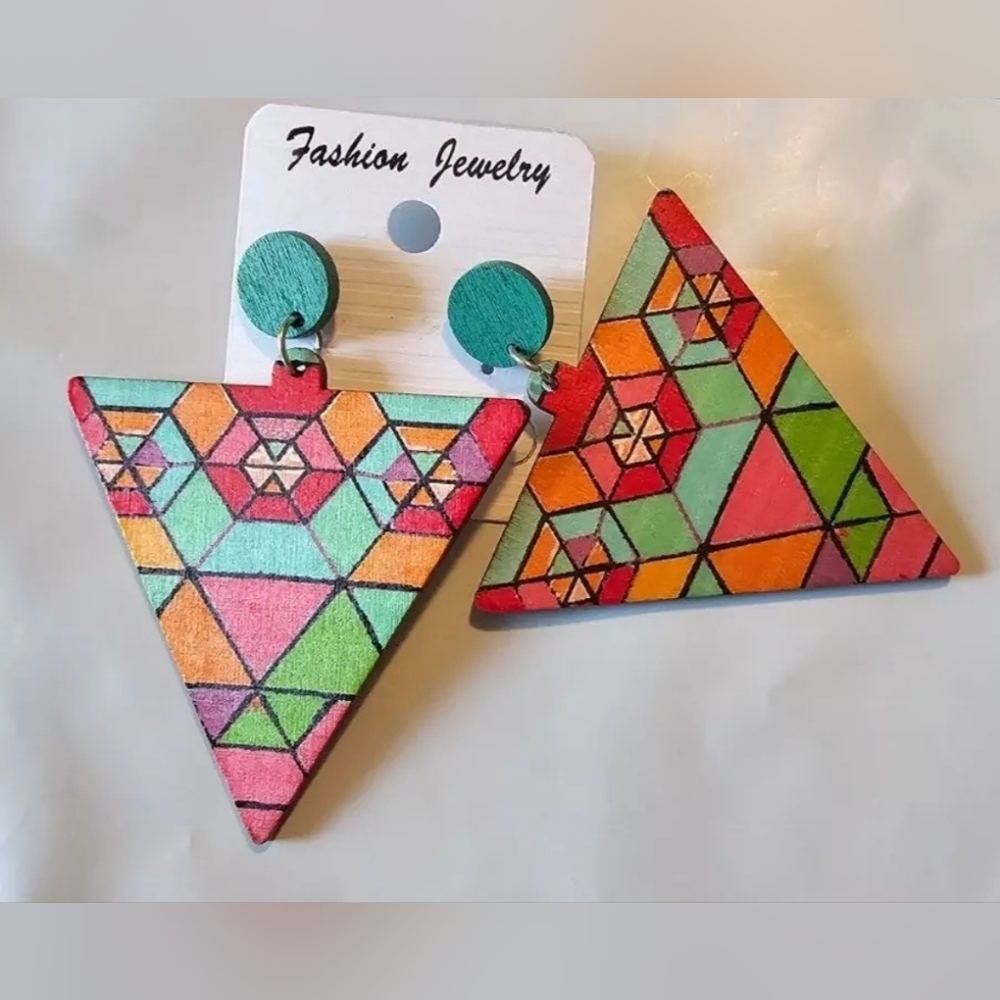 Wood Dangle Earrings NWT NEW Diamond Drop Ring Flower Hippie Hobo Wooden Tribal